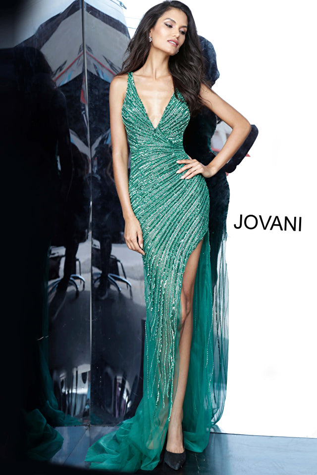 Jovani 63405 Formal Prom, Pageant and Evening Dress Sheer High Low Side Slit Beaded