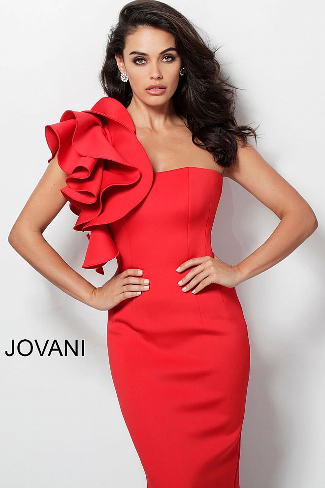 Jovani Tomato One Shoulder Ruffle Knee Length Dress 63550
