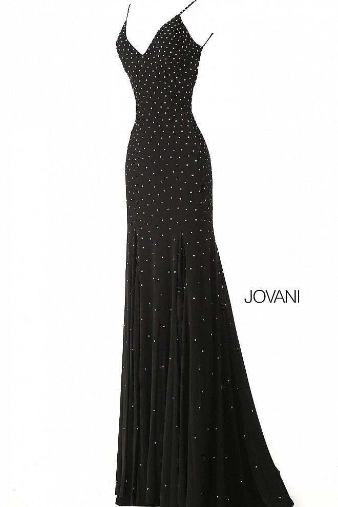 Jovani 63563 Crystal Rhinestone embellished jersey fitted evening gown.  V Neckline with spaghetti straps White jersey embellished fitted prom dress with v-neckline, sleeveless fitted bodice, spaghetti straps, and low v-back, floor length fitted skirt with flared end.  Style Code: 63563 Available Colors: black, blush, light-blue, navy, olive, red, white