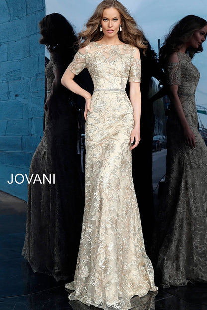 Jovani 63649 Gold Form Fitting Embellished Evening Dress short sleeve sheer neckline long mother of the bride dress  Available colors:  Gold  Available sizes:  00-24 