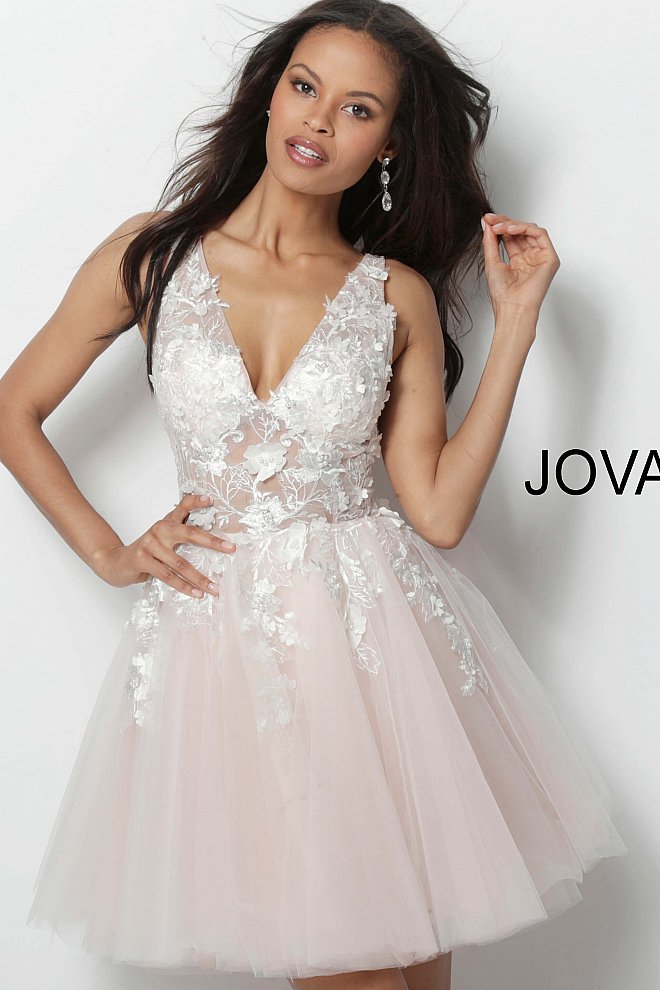Jovani 63987 Floral Appliques Fit and Flare Short Homecoming Cocktail Dress 