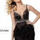 Jovani 64266 Ivory, Black Sizes 00-24  Black Plunging Neckline Feather Skirt Short Cocktail Dress 64266
