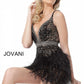 Jovani 64266 Ivory, Black Sizes 00-24  Black Plunging Neckline Feather Skirt Short Cocktail Dress 64266