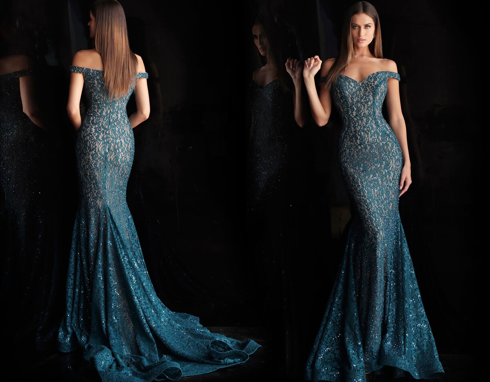 Jovani 64521 off the shoulder long train mermaid embellished lace prom dress   Available Colors: black,  peacock, red, steel, black/blue  Available Sizes: 00 - 24 Details:  underlay embellished lace prom dress with off-the-shoulder fitted bodice and sweetheart neckline, floor-length fitted skirt with a flared end and sweeping train. 
