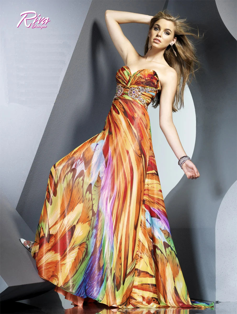 Riva Designs 6509 Size 0 Print Long A Line Crystal Embellished waistline and embellished keyhole coutout back.  Prom Dress Formal come with spaghetti straps sweetheart neckline. chiffon  Available Size: 0  Available Color: Orange Swirl