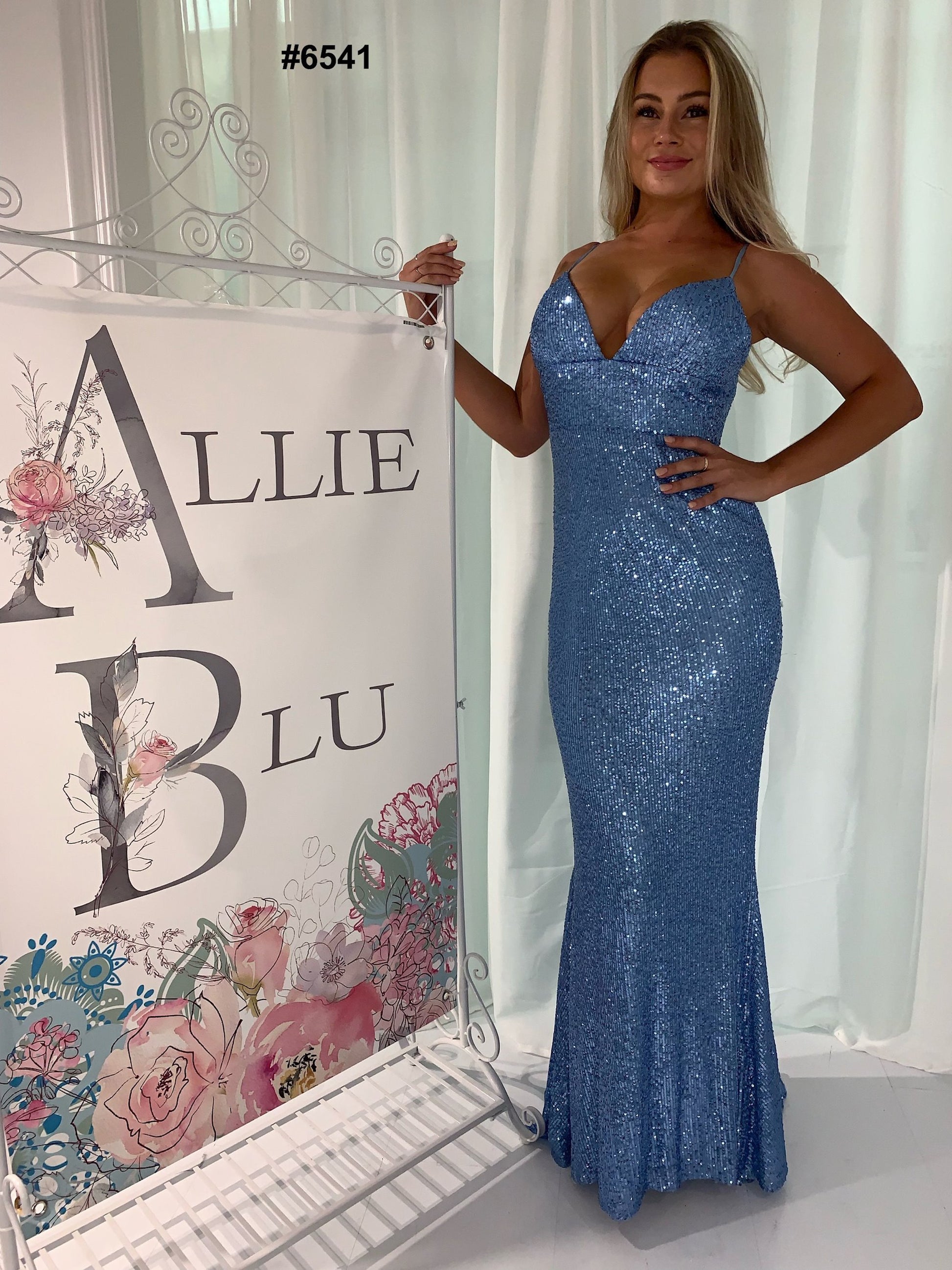 Allie Blu 6541 Baby blue v neckline fitted sequins prom dress with train