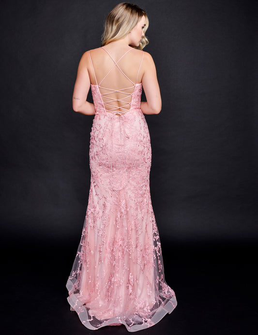 Nina Canacci 6594 Embellished Lace Prom Dress with Slit and corset back