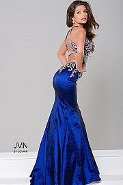 Jovani JVN41685  Iridescent Navy stretch Taffeta. This Radiant sleeveless open back mermaid prom dress features gold thread embroidery covered in AB Crystal rhinestones. Great formal evening gown for Prom, Balls, Pageant & Many more Special events. 41685  JVN by Jovani 41685   Navy size 8