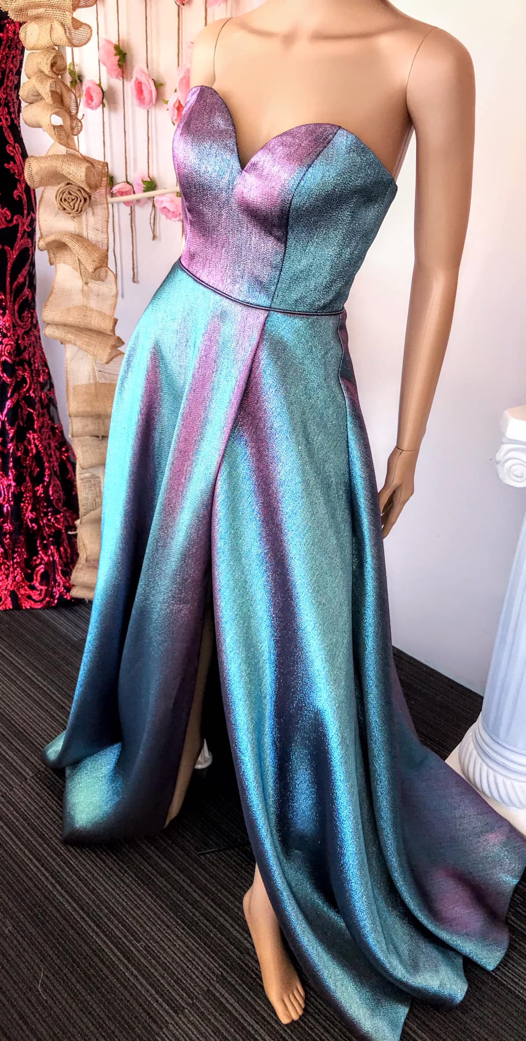 JVN by Jovani 3775 Iridescent Long Prom Dress High Slit A line Sweetheart Neckline - Color Changing Fabric! Evening gown 