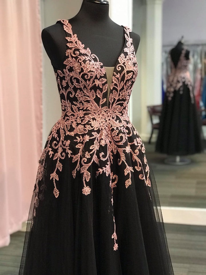 JVN by Jovani 2302 Plunging Neckline Embroidered Floral Tulle Ball Gown Prom Dress Evening gown  Available in Size 8 Black/Rose