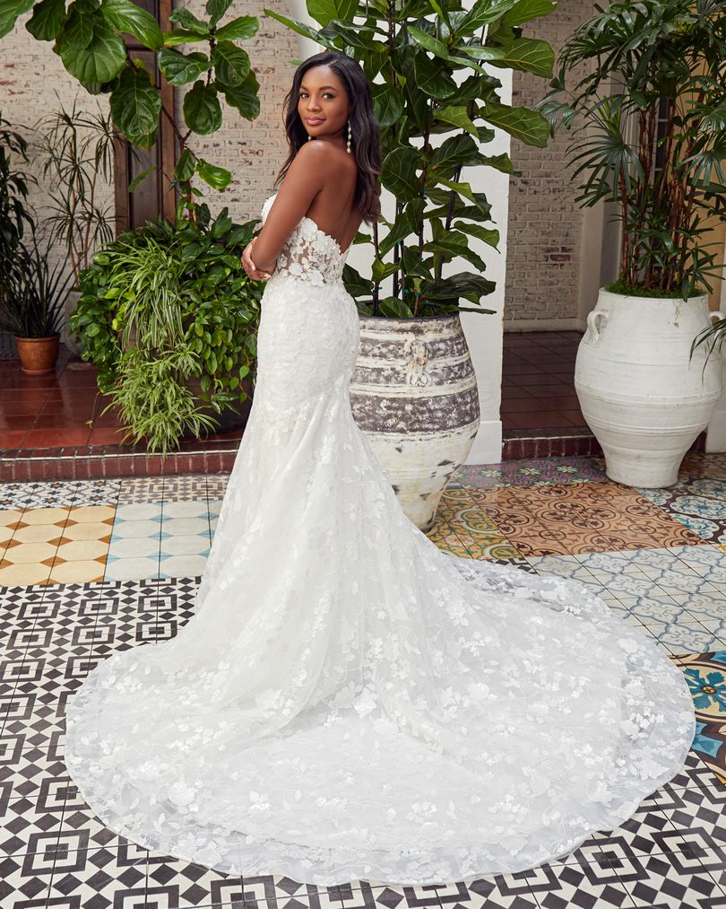 Casablanca Beloved STYLE BL359 MAREN Meet Style BL359, the perfect dress for the modern bride. This gorgeous and affordable wedding dress is designed to make an impact, with sequined floral lace appliqués dancing all throughout the form-fitting mermaid silhouette.