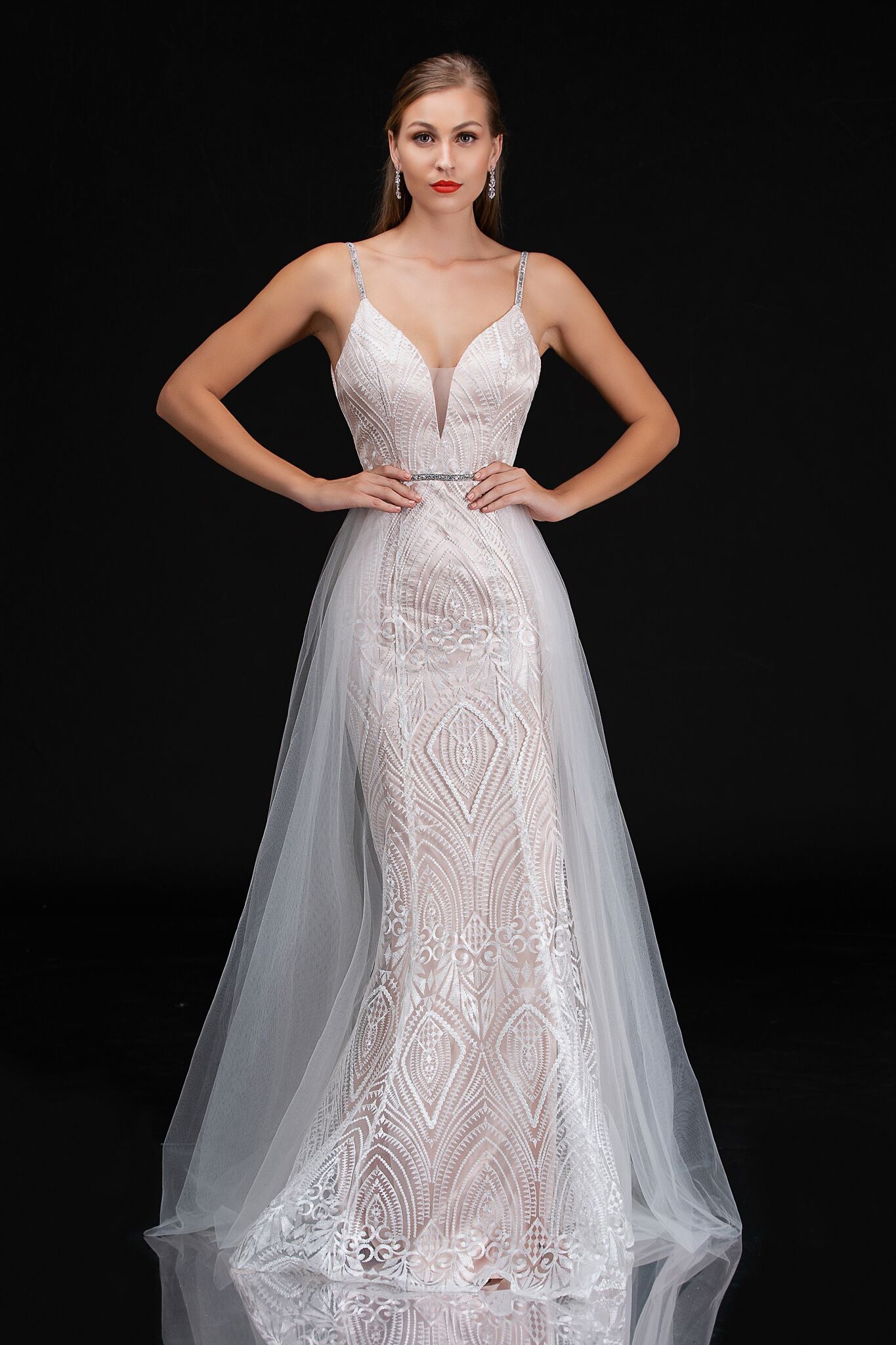 Nina Canacci 7028 Size 14 Long Embroidered Lace wedding Dress Over ski ...