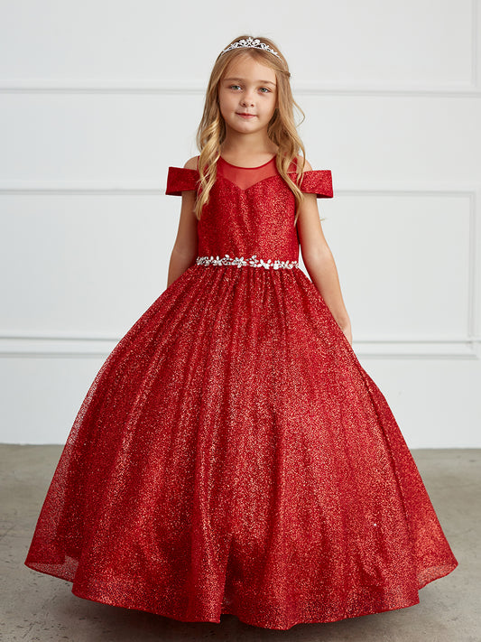 Tip Top 7029 Size 4 Red Long Girls Glitter Pageant Dress Ballgown off the shoulder