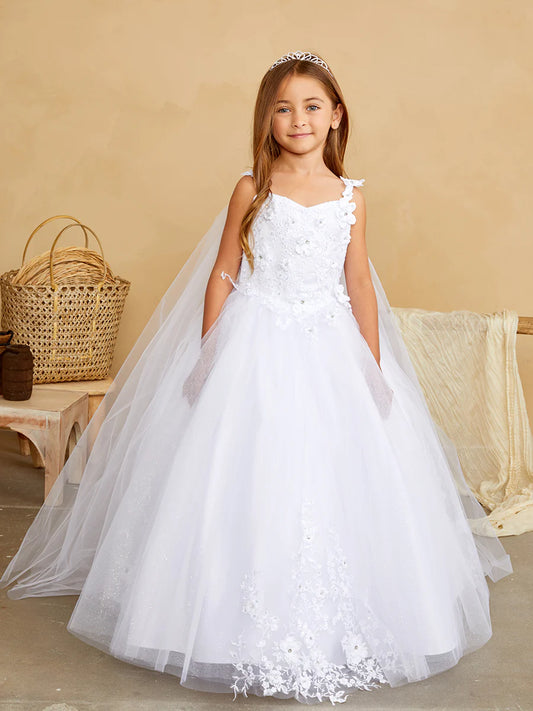 The Tip Top 7040 Long Glitter Lace Girls Pageant Dress is an elegant choice for any special occasion. Crafted from high-quality glitter lace fabric, this dress features a detachable cape with floral appliques. The perfect dress for flower girls and pageant hopefuls.   Floral lace bodice with 3D flowers Floor length glitter tulle skirt with floral applique 3D flowers on the straps Has a detachable cape