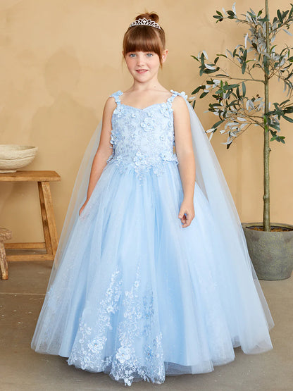 The Tip Top 7040 Long Glitter Lace Girls Pageant Dress is an elegant choice for any special occasion. Crafted from high-quality glitter lace fabric, this dress features a detachable cape with floral appliques. The perfect dress for flower girls and pageant hopefuls.   Floral lace bodice with 3D flowers Floor length glitter tulle skirt with floral applique 3D flowers on the straps Has a detachable cape