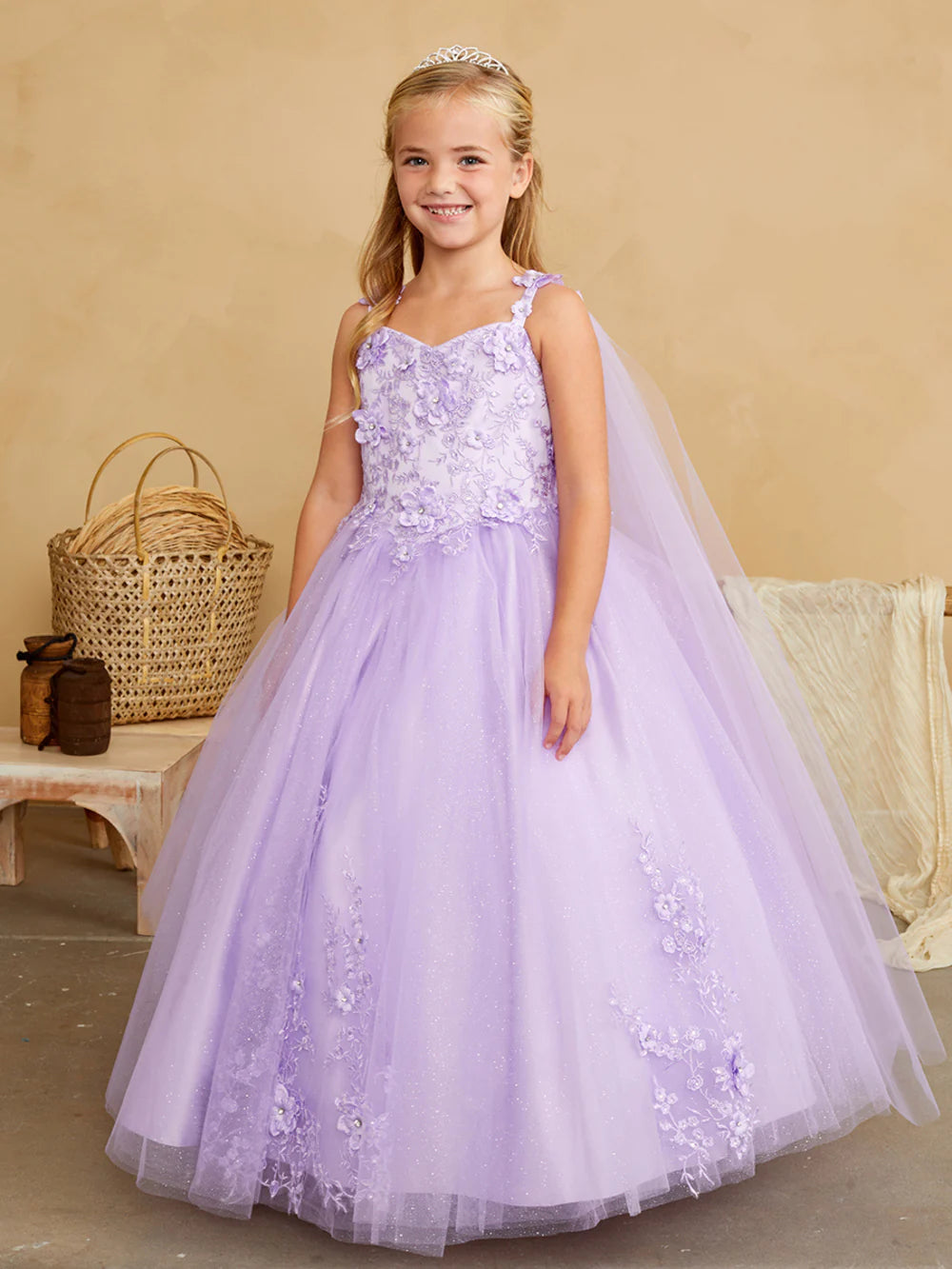 Tip Top 7040 Long Glitter Lace Girls Pageant Dress Formal Flower Girl Gown Detachable Cape 8 / Sky Blue