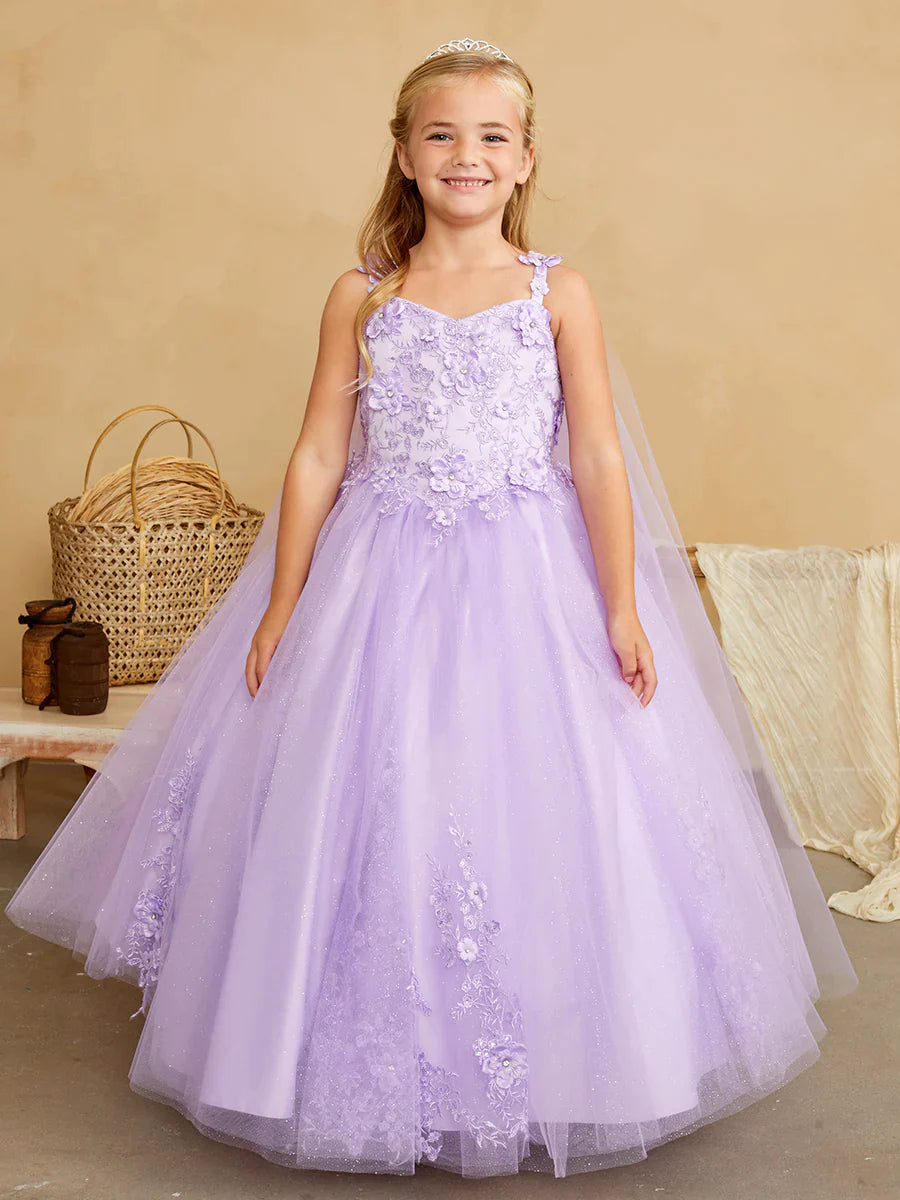 Tip Top 7040 Size 2, 14 Lilac Long Glitter Lace Girls Pageant Dress Formal Flower Girl Gown Detachable Cape