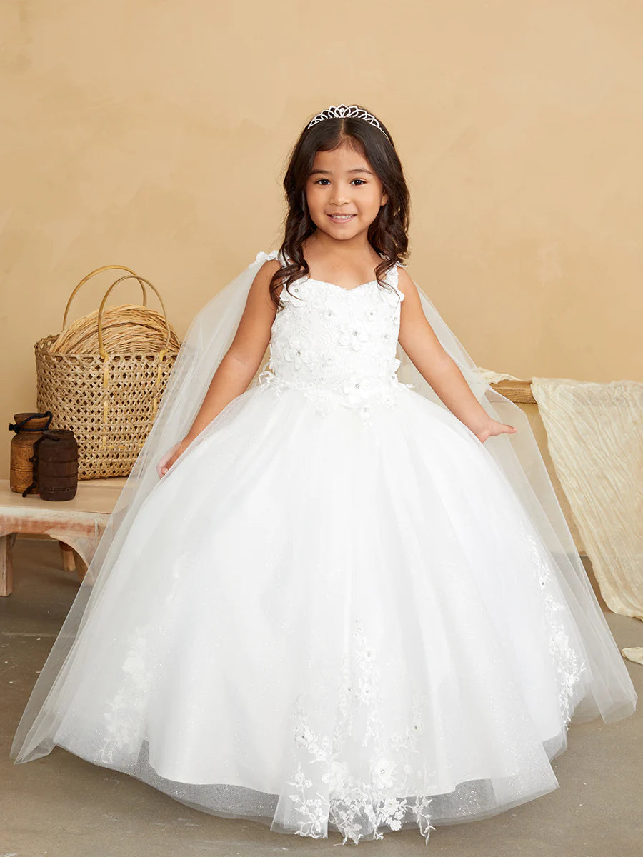 Tip Top 7040 Long Glitter Lace Girls Pageant Dress Formal Flower Girl Gown Detachable Cape