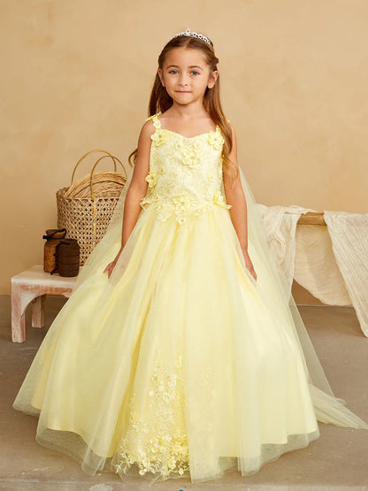 The Tip Top 7040 Long Glitter Lace Girls Pageant Dress is an elegant choice for any special occasion. Crafted from high-quality glitter lace fabric, this dress features a detachable cape with floral appliques. The perfect dress for flower girls and pageant hopefuls.   Floral lace bodice with 3D flowers Floor length glitter tulle skirt with floral applique 3D flowers on the straps Has a detachable cape
