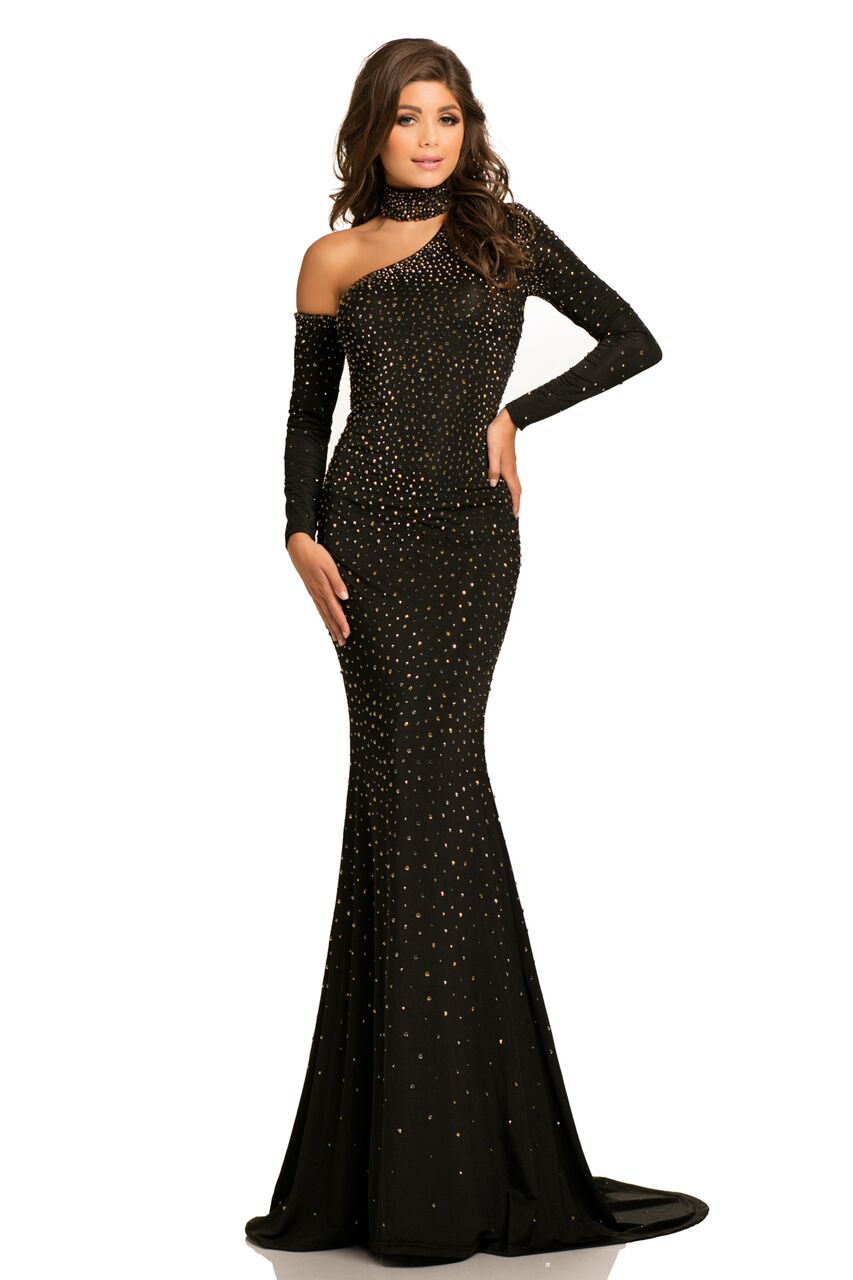 Johnathan Kayne 7215 Size 4 Black one sleeve choker pageant dress prom ...