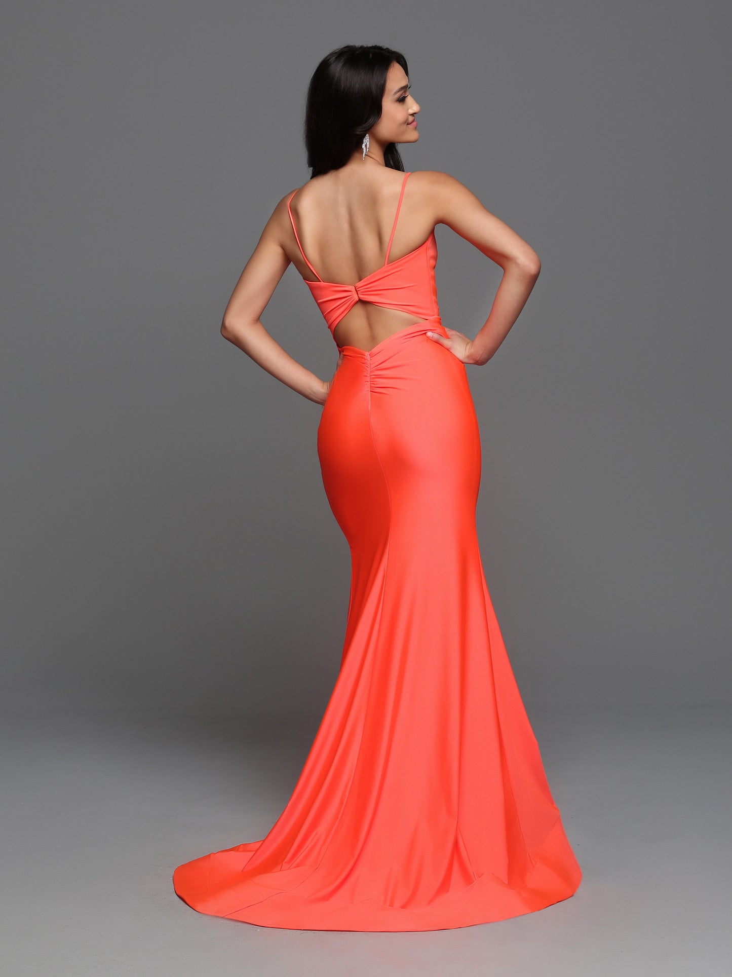 Sparkle Prom 72230 Long Fitted Ruched V Neck Cutout Back Prom Dress Slit Flare Skirt  Sizes: 0-20  Colors: Neon Orange, Purple