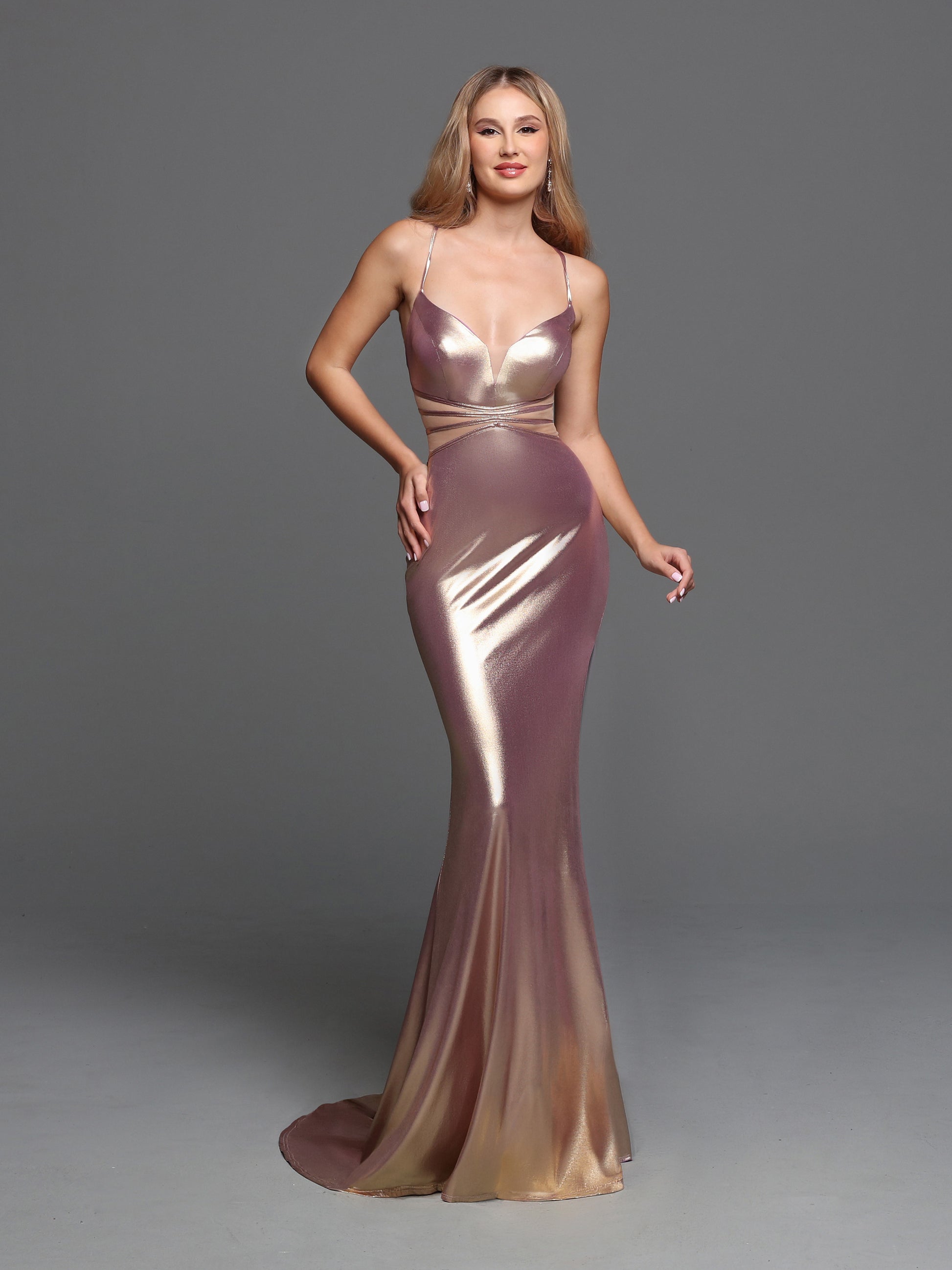 Parkle Prom 72231 Long Fitted Metallic Jersey Illusion Cutout Sheer Corset Prom Dress Formal Gown Color Shifting holographic gown  Sizes: 0-20  Colors: Gold/Lilac
