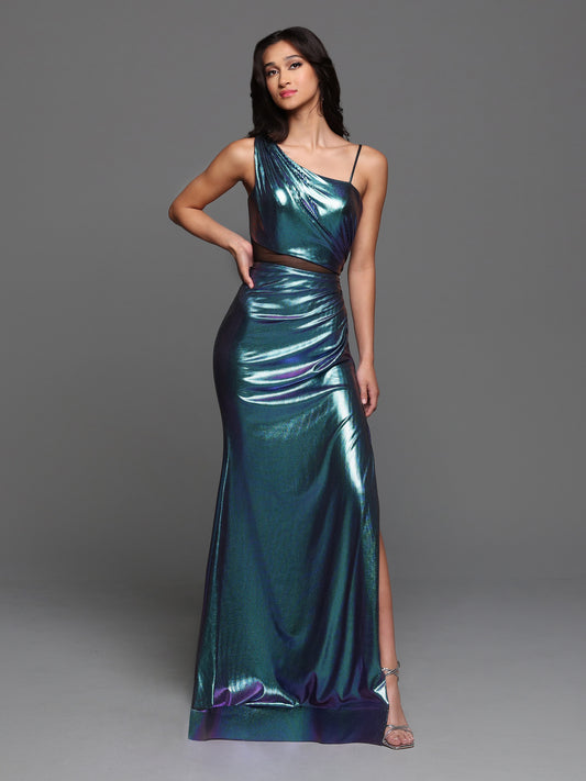 Sparkle Prom 72234 Long Fitted Metallic Jersey Holographic One Shoulder Prom Dress. Ruched Hip & Shoulder. Sheer mesh bodice cutout back. slit skirt with a Mermaid color shift!  Sizes: 0-20  Colors: Magic Blue
