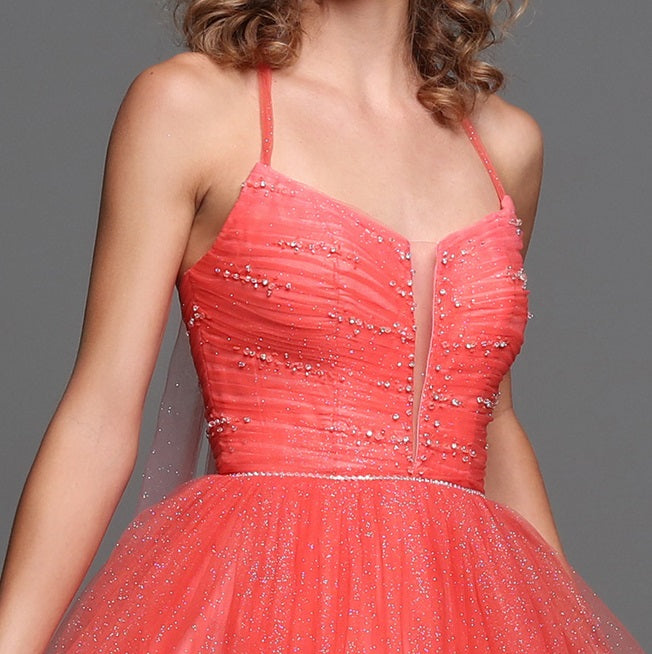 Sparkle Prom 72242 Long Orange Shimmer A Line Prom Dress Halter Ballgown Princess style ruched bodice with beaded Rhinestone waistline and scattered embellishments across the gowns top. Plunging sheer illusion v neckline with peak points.  Colors: Orange  Sizes: 0-20