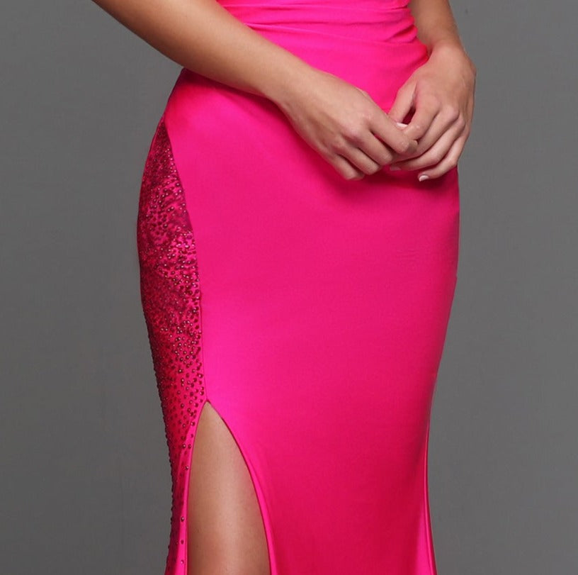Sparkle Prom 72247 Long Fitted Ruched Jersey Prom Dress Rhinestone Embellished Slit & Top Bodice Pageant Gown  Sizes:: 0-20  Colors: Emerald, Neon Pink