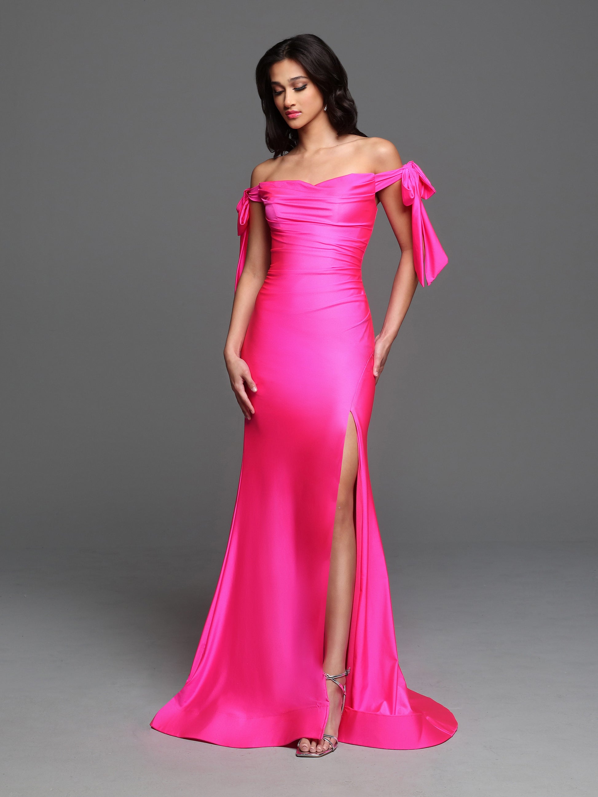 Sparkle Prom 72263 Long Fitted Jersey off the shoulder Bow Prom Dress Formal Slit Gown  Sizes: 0-20  Colors: Red, Emerald, Neon Pink