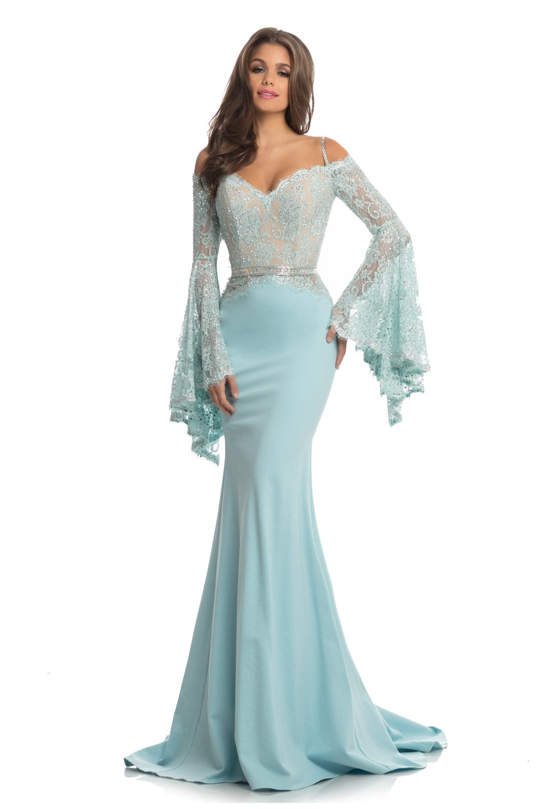 Johnathan Kayne 7244 Lace Bell Sleeve Crystal Embellished Pageant Gown Prom Dress off the shoulder Lace Crystals Glass Slipper Formals Long Gowns
