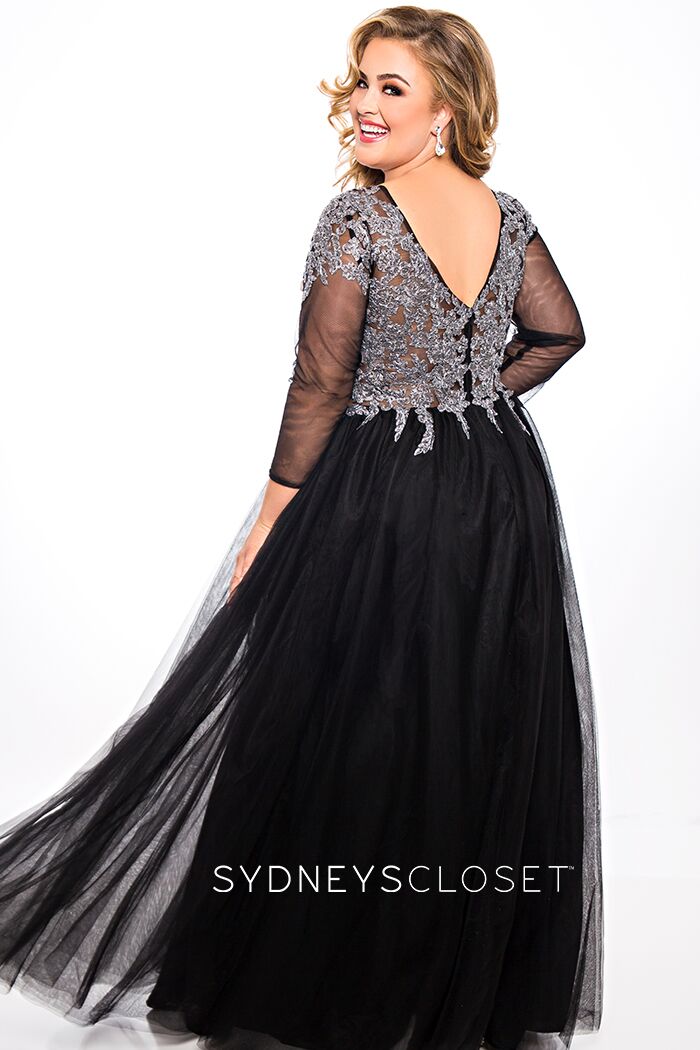 Sydney's Closet SC7299 sheer sleeves tulle prom dress ball gown Lace top and Sleeves