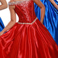 Ritzee Girls 7707 is a long 2020 Satin Ballgown Pageant Dress. This Long Pleated satin ballgown skirt is stage worthy! Sequin Embellished Bodice with boning, Basque Waistline with crystal rhinestone embellishments. off the Shoulder Rhinestone embellished straps leading to an open cutout back with crystal tassels.