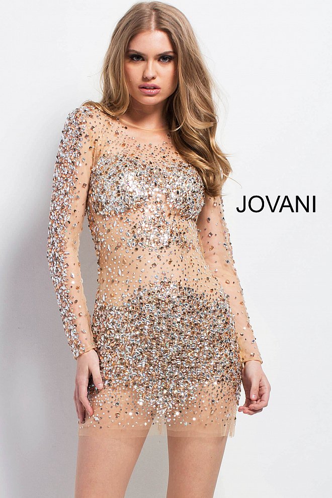 Jovani 7757 Nude Cocktail Dress Sheer Long Sleeve Beaded Short Dress 7757