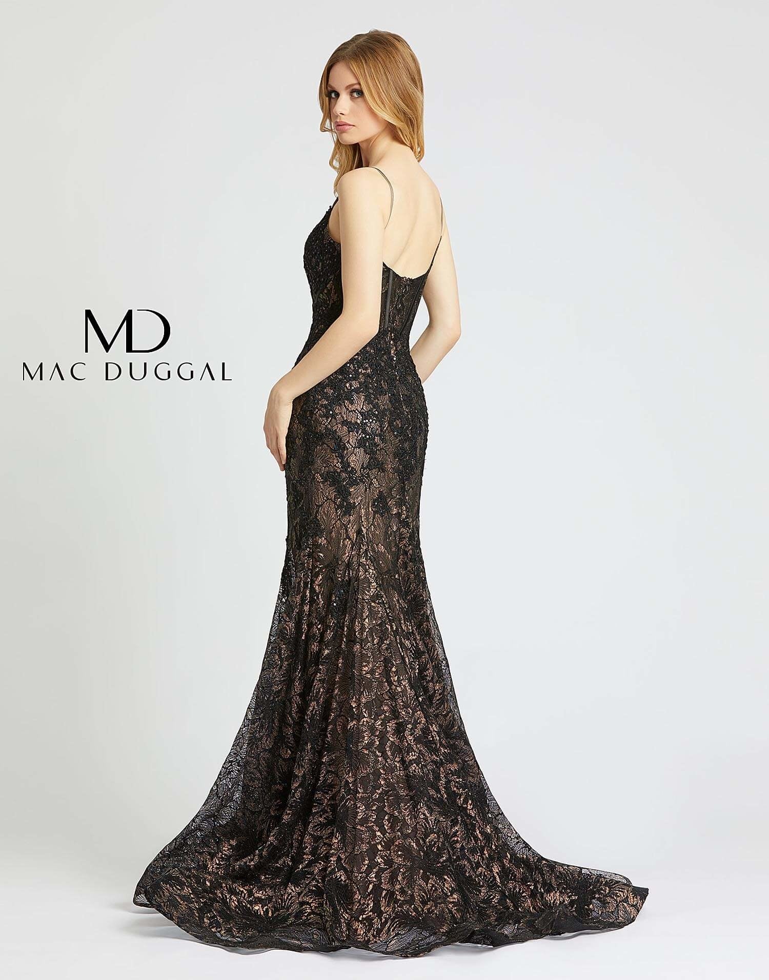 Mac Duggal 79252M Black Prom Dress Size 8 Metallic Lace Sheer Corset  Mermaid Pageant Gown