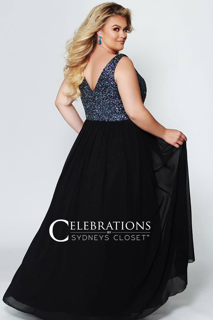 Sydney's Closet CE1813 - This graceful evening dress may just get you swept off your feet. This floor length creation is designed with a V-neckline and has an illusion mesh insert. This prom dress is heavily beaded and sequined on front and back. The dress is fully lined with an A-line chiffon skirt.