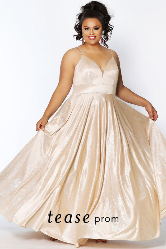 Tease Prom TE 2014  a line prom dress.  Bring on the sassy and sexy wearing this plus size satin knit dress. 