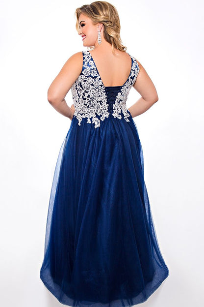 Sydney's Closet SC7291 V neckline wide straps lace bodice long tulle skirt a line ball gown prom dress plus size evening gown corset back