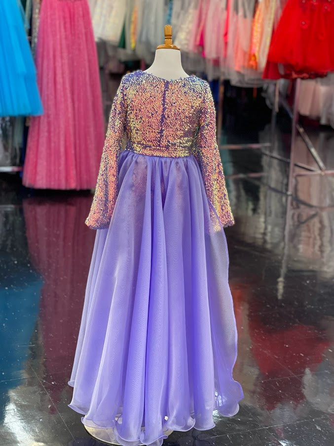 Marc Defang 8004 Sequin Bell Sleeve Pageant Jumpsuit Overskirt Fun Fashion   Price is inclusive of overskirt  Fully beaded jumpsuit Bell sleeve Option of matching overskirt Knitted inner comfort lining  Available Sizes: 6   Available Colors: Iridescent Purple