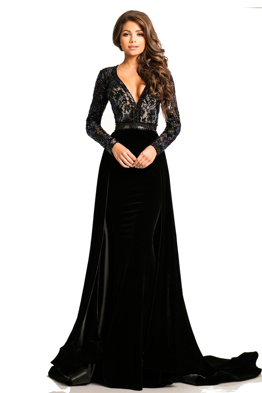 JK8013  Johnathan Kayne Pageant Gown Prom Dress Formal Evening Wear!  Stun the crowd in this glam hand beaded lace and stretch velvet evening gown. The crystals trim the beautiful neckline, waist, and hem of the long sleeves. This Pageant Gown has an open cutout back.  The fitted stretch velvet skirt features a full hostess  over skirt skirt and train.