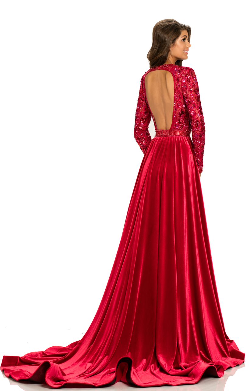 JK8013  Johnathan Kayne Pageant Gown Prom Dress Formal Evening Wear!  Stun the crowd in this glam hand beaded lace and stretch velvet evening gown. The crystals trim the beautiful neckline, waist, and hem of the long sleeves. This Pageant Gown has an open cutout back.  The fitted stretch velvet skirt features a full hostess  over skirt skirt and train.