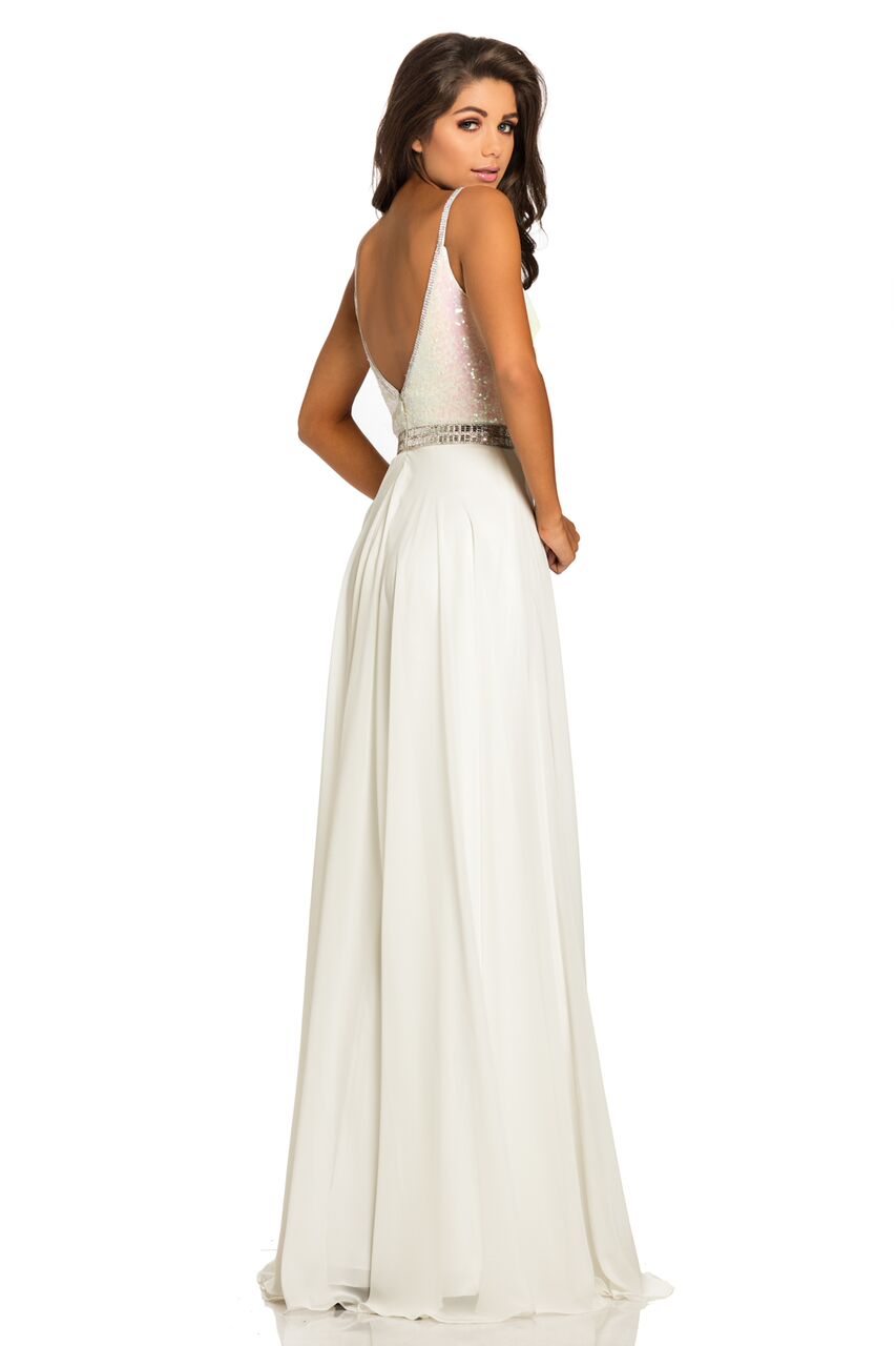 Johnathan Kayne 8050 Size 4 White sequin top prom gown pageant chiffon dress