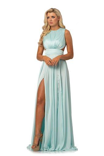 Johnathan Kayne 8072 We modernized this classic cut with modest cut outs at the sides of this silky charmeuse bodice. The voluminous skirt features double slits over the legs and flows into a small train. 
