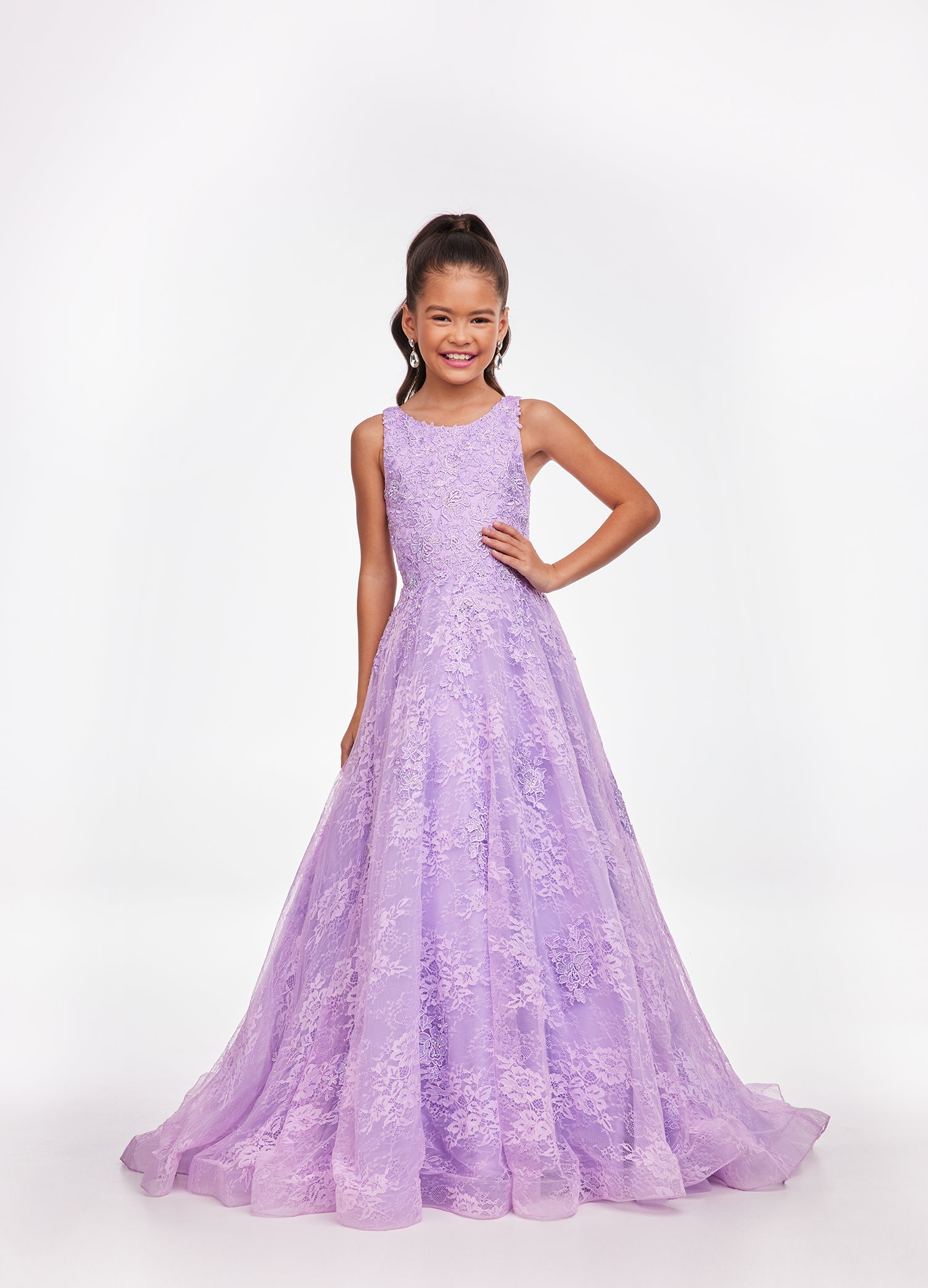 Ashley Lauren Kids 8073 Girls Long Lace A Line Ball Gown Pageant Dress High Neck Lovely lace gown featuring a crew neckline embellished with lace applique and AB stones throughout the bodice and skirt. Crew Neckline Lace Applique A-Line Available Sizes: 4-16 Available Colors: Aqua, Lilac