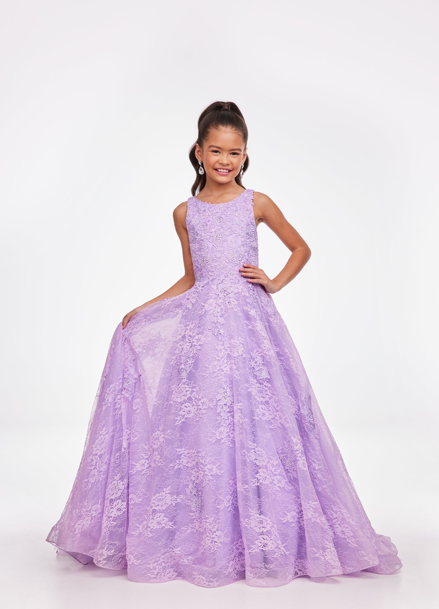 Ashley Lauren Kids 8073 Girls Long Lace A Line Ball Gown Pageant Dress High Neck Lovely lace gown featuring a crew neckline embellished with lace applique and AB stones throughout the bodice and skirt. Crew Neckline Lace Applique A-Line Available Sizes: 4-16 Available Colors: Aqua, Lilac
