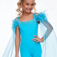 Ashley Lauren Kids 8100 Embellished Pageant Jumpsuit Feathers Cape Girls Fun Fashion Bring the drama in this scuba jumpsuit featuring heat set stone straps giving way to scattered stoning throughout the bustier. The jumpsuit is accented with off the shoulder feather details and an organza cape. Scuba Jumpsuit Press On Details Organza Cape Feathers Available Sizes: 2-16 Available Colors: Turquoise, Hot Pink