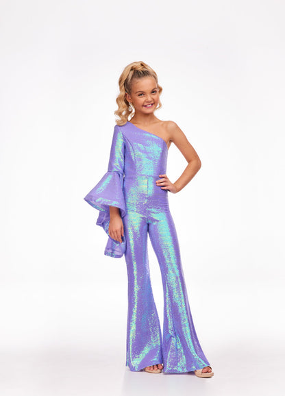Ashley Lauren Kids 8110 One Shoulder Jumpsuit Long Bell Sleeve Sequin Pageant This groovy one shoulder jumpsuit features an oversized bell sleeve and flared pants. One Sleeve Oversized Bell Sleeve Sequin Fabric Jumpsuit Available Sizes: 2-16 Available Colors: Coral, Lilac, Yellow, Neon Green
