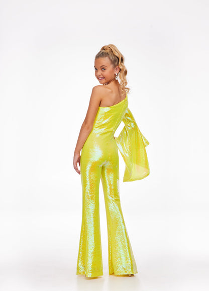 Ashley Lauren Kids 8110 One Shoulder Jumpsuit Long Bell Sleeve Sequin Pageant This groovy one shoulder jumpsuit features an oversized bell sleeve and flared pants. One Sleeve Oversized Bell Sleeve Sequin Fabric Jumpsuit Available Sizes: 2-16 Available Colors: Coral, Lilac, Yellow, Neon Green