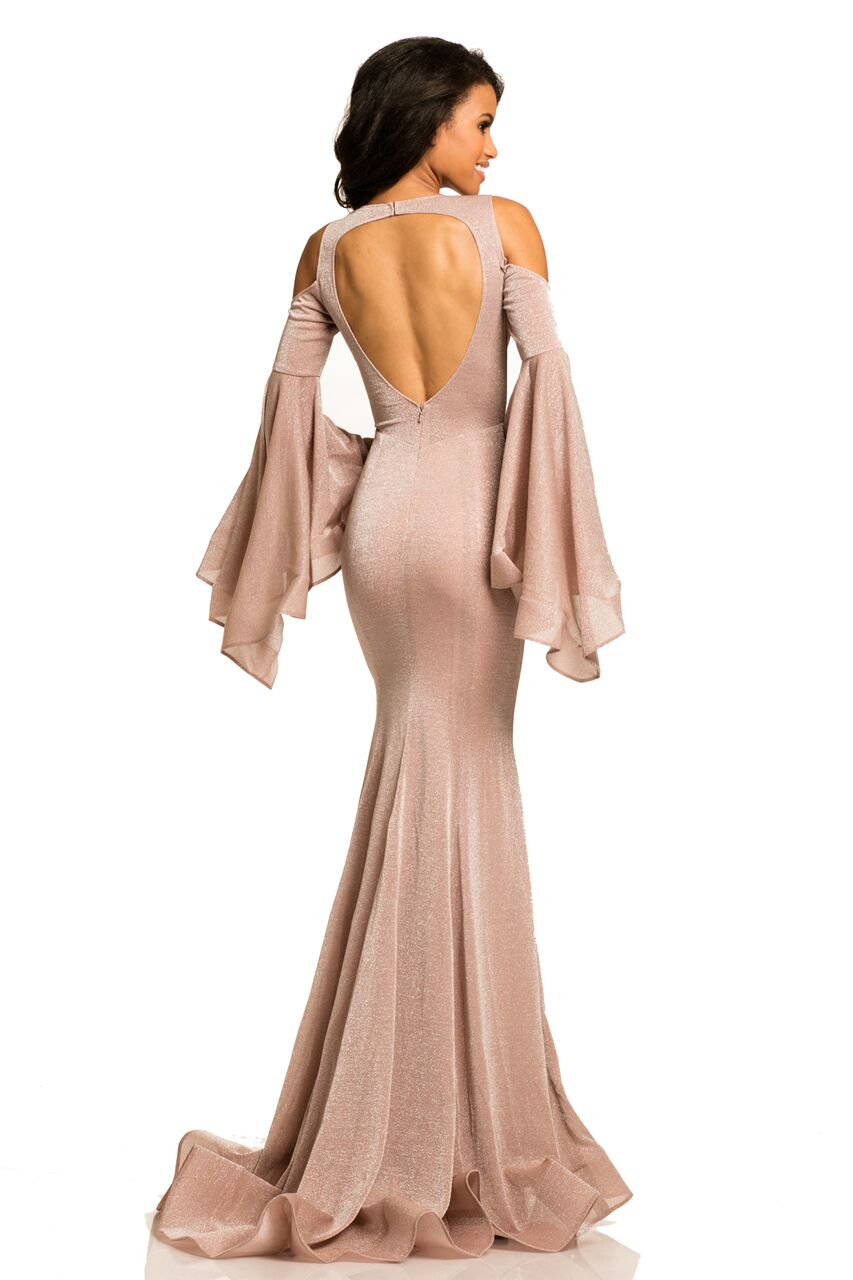 Johnathan Kayne 8111 Size 2 Long Backless Bell Sleeve Dress Shimmer Mermaid Formal
