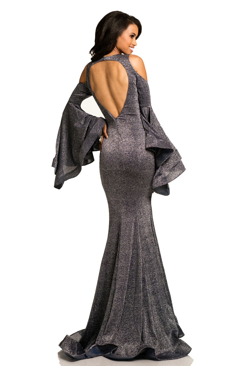Johnathan Kayne JK 8111  Simple and sexy, this metallic stretch jersey cold shoulder gown is lightweight and offers voluminous bell sleeves and a modest keyhole back. This glistening mermaid gown is perfect for any special occasion. Backless Bell Sleeve Metallic Shimmer Mermaid Dress Formal  Available Size: 2  Available Color: Black